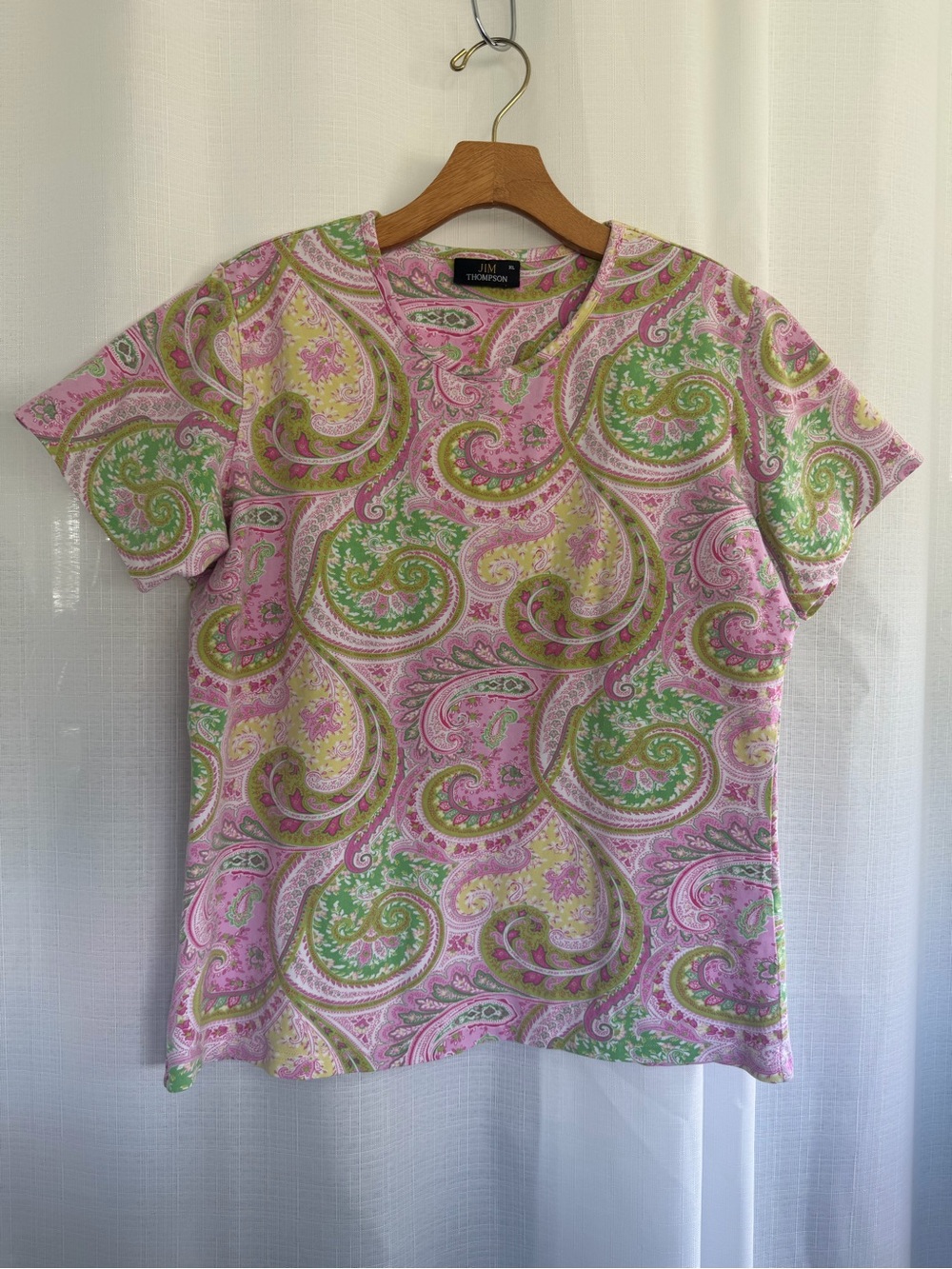 Jim Thompson Y2K Paisley Print Cotton Top Pink Green XL